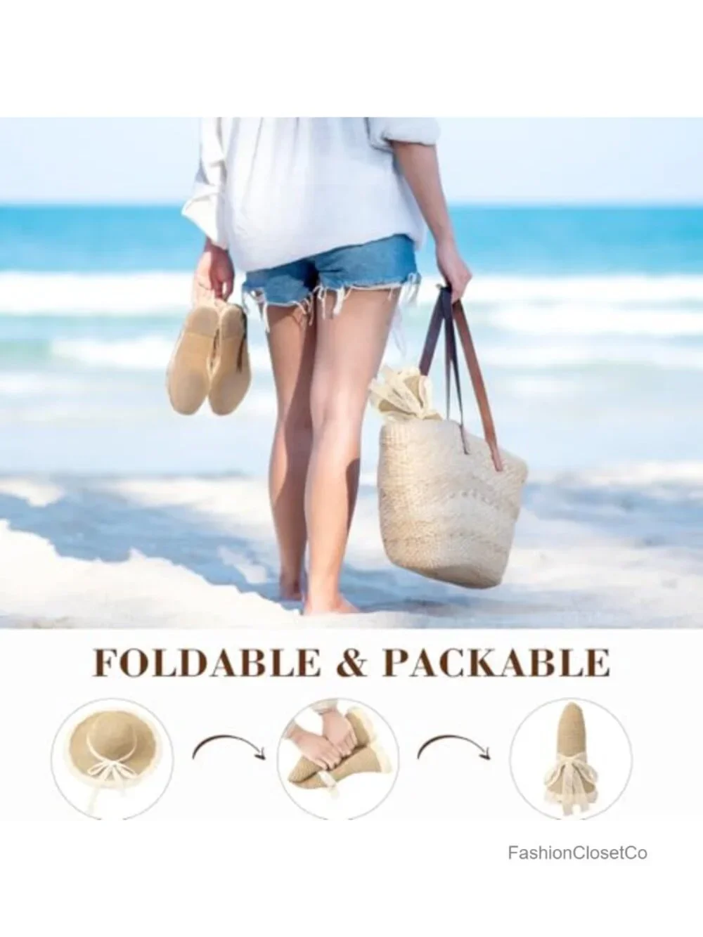 Wide Brim Sun Hat UPF 50+ Straw Beach Hat Foldable Packable